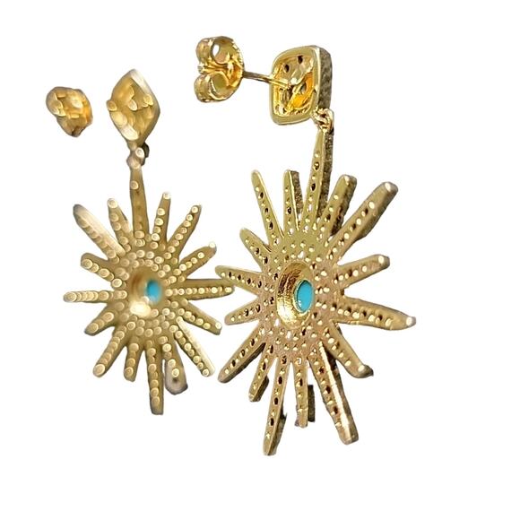 14k Yellow Gold Plated Turquoise Swarovski Crystal Starburst Dangle Earrings - Picture 7 of 8